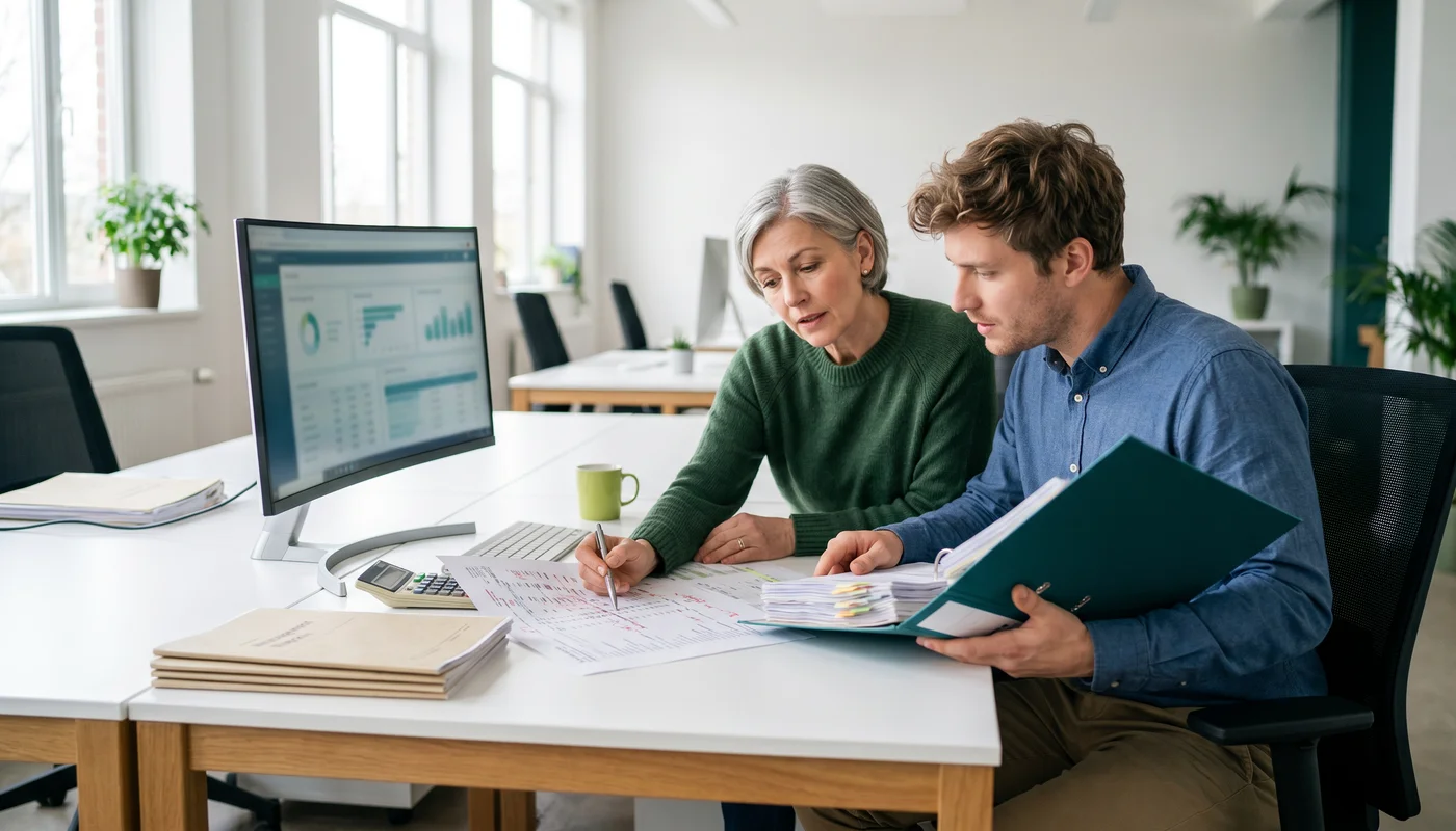 Two virtual assistants walking and talking in an office